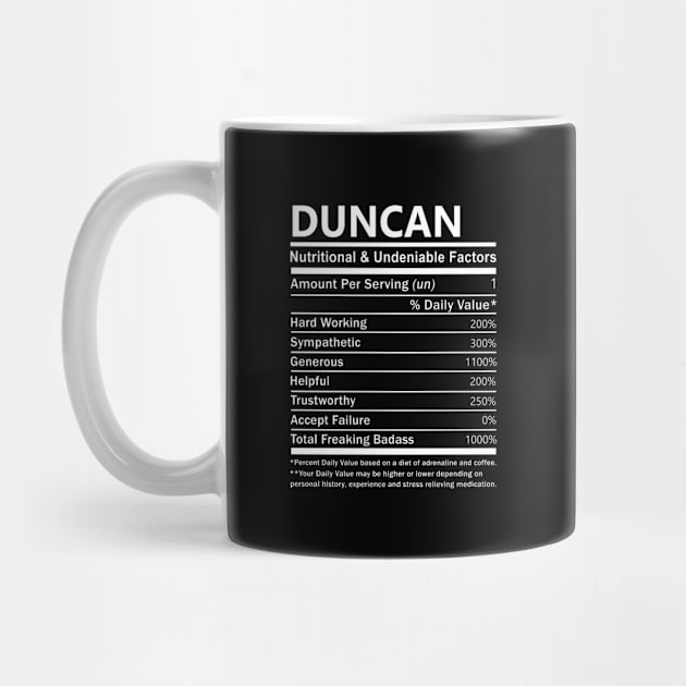 Duncan Name T Shirt - Duncan Nutritional and Undeniable Name Factors Gift Item Tee by nikitak4um